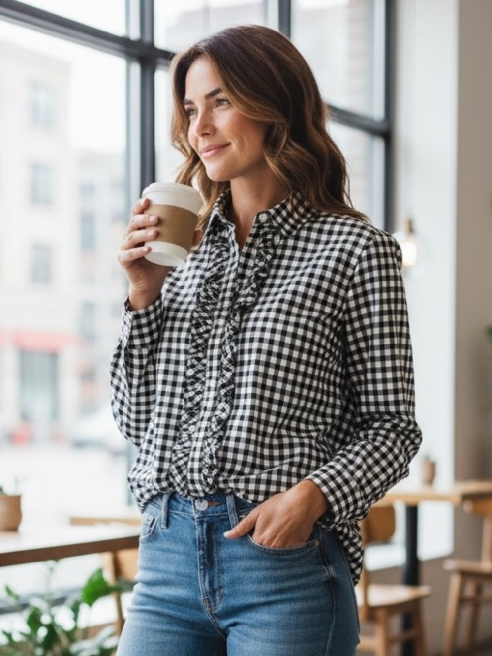 Lauren Ralph Lauren Gingham Ruffle Dress Shirt Black White Size L